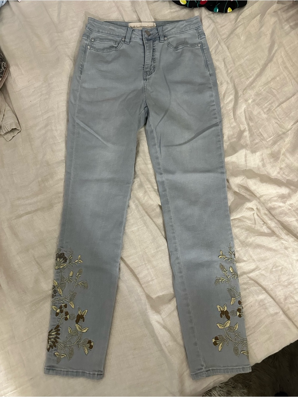 Soft Surroundings Light Blue Jeans with Metallic Floral Embroidery